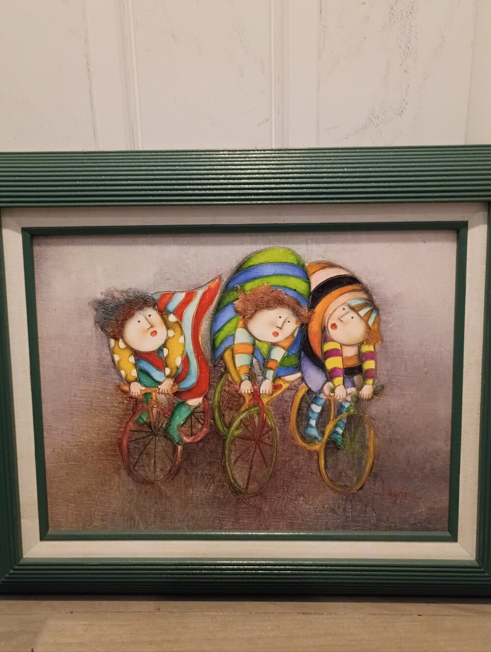 Joyce Roybal Vintage Signed Orig Oil Painting Art Artwork Kids On Bicycle Y2K